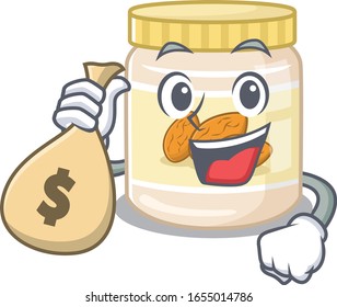 Rich and famous almond buttercartoon character holding money bag