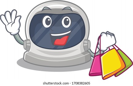 Rich and famous astronaut helmet cartoon character holding shopping bags