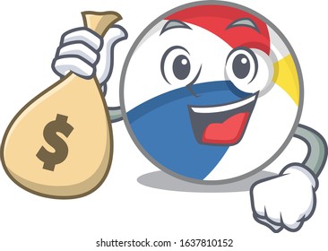 Rich and famous beach ball cartoon character holding money bag