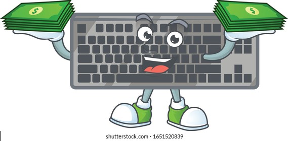 rich and famous black keyboard cartoon character with money on hands