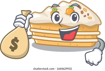 Rich and famous carrot cake cartoon character holding money bag
