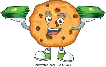 rich and famous chocolate chips cookies cartoon character with money on hands