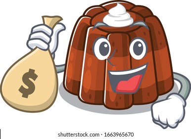 Rich and famous chocolate pudding cartoon character holding money bag