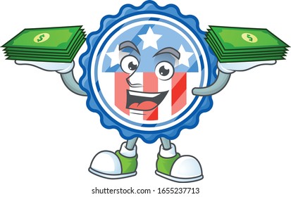 rich and famous circle badges USA with star cartoon character with money on hands
