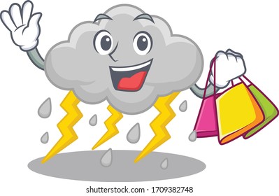 Rich and famous cloud stormy cartoon character holding shopping bags