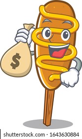 Rich And Famous Corn Dog Cartoon Character Holding Money Bag