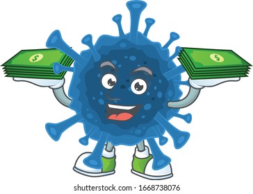 rich and famous coronavirus desease cartoon character with money on hands