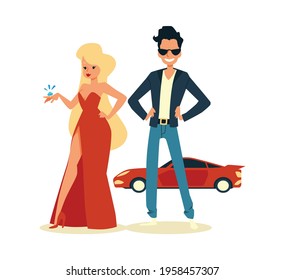 Rich and famous couple standing in front luxury car, flat vector illustration isolated on white background. Successful celebrities fashion woman and elegant man.