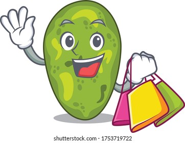 Rich and famous cyanobacteria cartoon character holding shopping bags