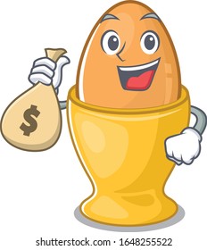 Rich and famous egg cup cartoon character holding money bag