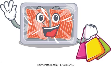 Rich and famous frozen salmon cartoon character holding shopping bags