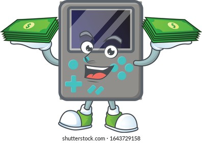 rich and famous game console cartoon character with money on hands