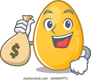 Rich and famous golden egg cartoon character holding money bag