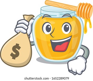 Rich and famous honey cartoon character holding money bag