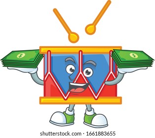 rich and famous independence day drum cartoon character with money on hands