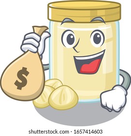 Rich and famous macadamia nut butter cartoon character holding money bag