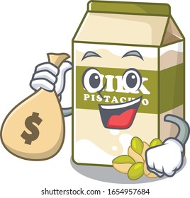 Rich and famous pistachio milk cartoon character holding money bag