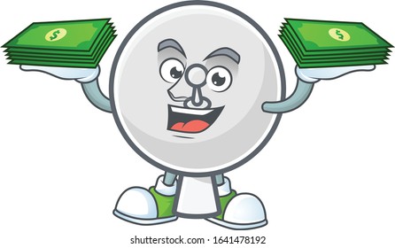 rich and famous satellite dish cartoon character with money on hands