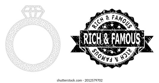 Ricos y famosos modelos de malla de anillo de reborde y reborde vectorial. El sello negro tiene una etiqueta rica y famosa dentro de cinta y rosette. Resumen del anillo de rejas de malla plana, creado a partir de malla plana.