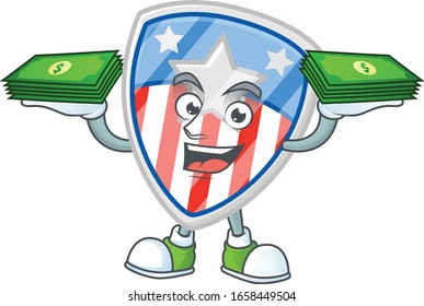 rich and famous shield badges USA with star cartoon character with money on hands