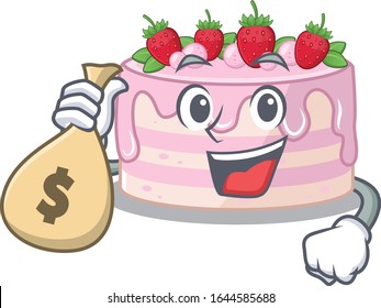 Rich and famous strawberry cake cartoon character holding money bag