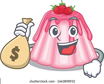 Rich and famous strawberry jelly cartoon character holding money bag