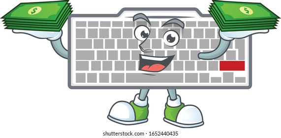 rich and famous white keyboard cartoon character with money on hands