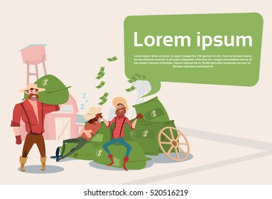 Rich Farmers Countryman With Money Sacks Farm Background Flat Vector Illustration