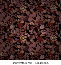 Rich fashionable floral texture for wallpaper, interior, tiles, print, textiles, packaging and various types of design. Vector seamless pattern with small flowers in a red, brown and purple colors.
