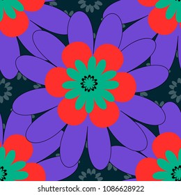 Rich fashionable floral texture for wallpaper, interior, tiles, print, textiles, packaging and various types of design. Vector seamless pattern with small flowers in a violet, red and green colors.