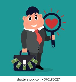 Rich fat man is looking for love. Vector illustration
