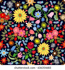 Rich floral carpet. Seamless vector pattern with sunflowers, tulips and roses. Retro textile collection.