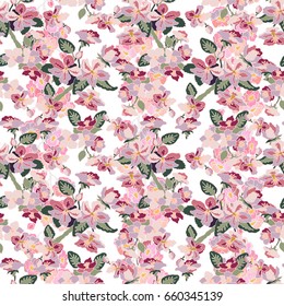 Rich floral pattern with blooming cherry and apple flowers. Japanese, Korean, Indonesian motifs. Summer textile collection. Pink on white.