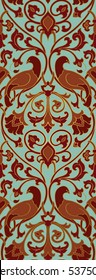Rich floral pattern. Seamless filigree ornament. Stylized template for wallpaper, textile, bedspread, curtain, shawl, tile, carpet and any surface. Color background with birds and flower.