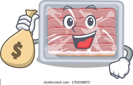 Rich frozen smoked bacon cartoon design holds money bags