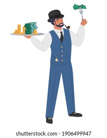 Rich gentleman banker with tray full of cash money, flat vector illustration. A man of fortune. Happy and wealthy person, successful businessman, dollar millionaire, banking tycoon.