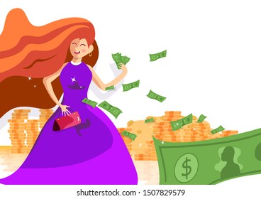 Rich girl holds bank note, big pile of money, people woman cartoon character business successful concept, flat design style vector