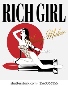 Rich girl. Money maker.  Vector hand drawn illustration of girl in swimsuit with pomade isolated. Creative  artwork. Template for card, poster, banner, print for t-shirt, pin, badge, patch.