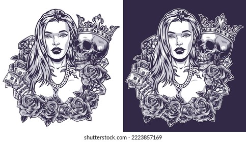Rich girl portrait element monochrome skull in crown and money in hand with roses around luxurious lady vector illustration