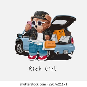 rich girl slogan with bear doll taking selfie and shopping bags in blue car vector illustration