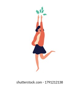 Rich girl tossing up cash banknotes enjoy wealth vector flat illustration. Joyful woman careless spending money demonstrate richness or finance success isolated. Female celebrating lottery win