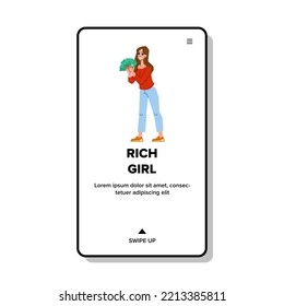 rich girl vector. female young, luxury woman, beautiful happy, beauty fashion, attractive hair, summer model rich girl web flat cartoon illustration