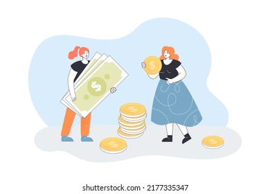 Rich girls holding cash money in hands. Tiny female characters with dollar coins and banknotes flat vector illustration. Payment, amount concept for banner, website design or landing web page