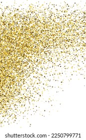 Rich gold confetti grain scatter texture. Triangle square circle star elements noise. Banner template. Luxury crumb granules dot confetti. Holiday decoration sequins splash