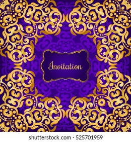 Rich gold invitation card in the Indian style. Bohemian Cards with mandalas. Royal purple and gold ornament. Unique template for design or backdrop