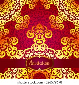 Rich gold invitation card in the Indian style. Bohemian Cards with mandalas. Royal red and gold ornament. Unique template for design or backdrop.