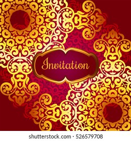 Rich gold invitation card in the Indian style. Bohemian Cards with mandalas. Royal red and gold ornament. Unique template for design or backdrop.