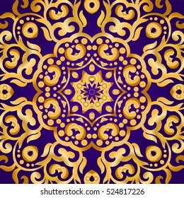 Rich gold ornament in the Indian style. Bohemian Cards with mandalas. Royal purple and gold ornament. Unique template for design or backdrop.