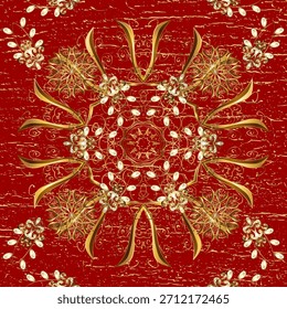 Rich gold ornamental vector pattern on a textured red background. Elegant seamless design with intricate baroque floral details, perfect for luxury textiles, wallpapers, gift wrapping, and festive dec