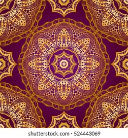 Rich gold seamless pattern in the Indian style. Bohemian tile with mandalas. Royal purple and gold ornament. Unique template for design or backdrop.